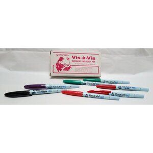 Vintage Sanford Vis-A-Vis Overhead Projector Pens 7 Fine Point Pens Washable Ink